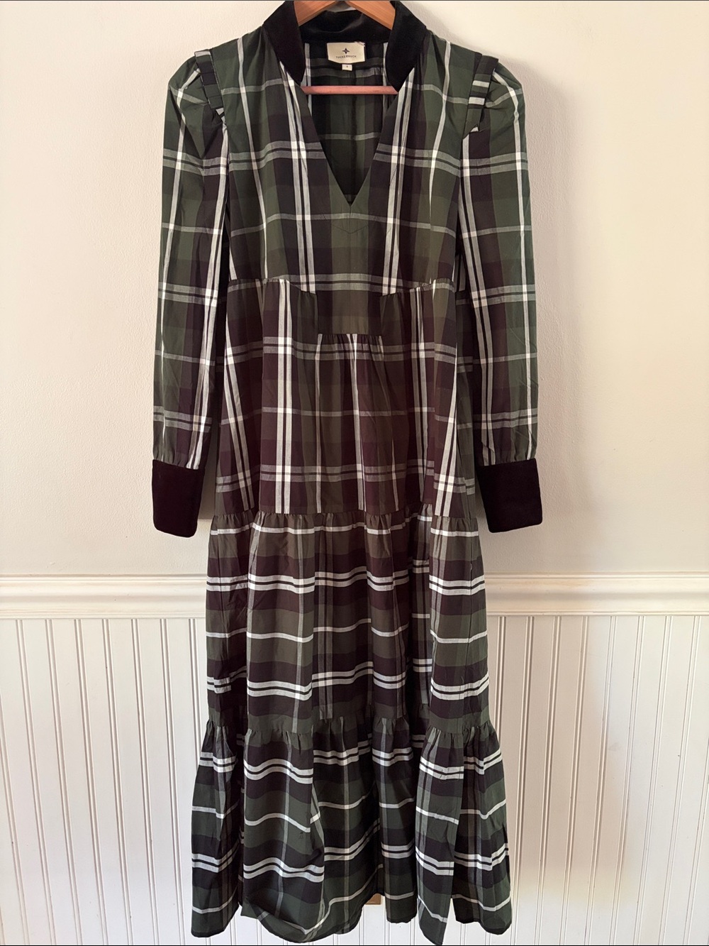 Tuckernuck Bristol Tartan Plaid Long-Sleeve Tiered Dress with Velvet Trim